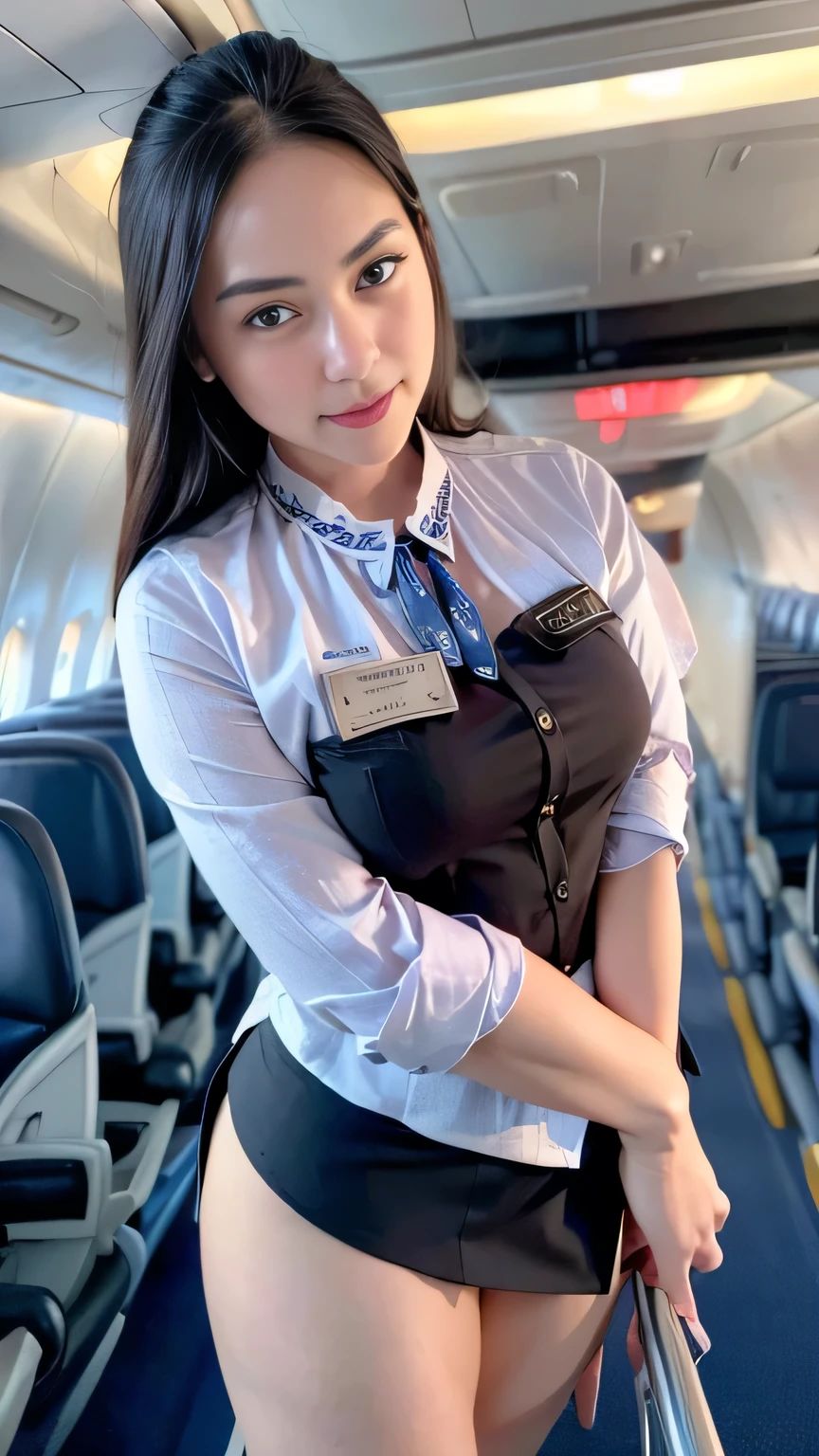 beautiful woman, 28 years、hyperdetailed face、Detailed lips、A detailed eye、double eyelid、(Smiling while walking gracefully down the aisle)、(Stewardess uniform:1.2)、((mini skirt:1.5)) (Glamorous body)、(Colossal )、（large full breasts）（big butts）（Plump body）（plump body shape）（ large full breasts）（Colossal ）((unbutton))、highs thighs thighs thighs, Perfect fit, Perfect image realism, Background with: (Business Class aisle on airplanes:1.2), Cowboy Shot, Meticulous background, detailed costume, Perfect litthing、Hyper-Realism、(Photorealsitic:1.4)、8K maximum resolution, (​masterpiece), ighly detailed, Professional