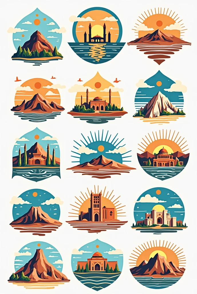 Create a attractive and simple app icon of my tourism app named "Rehla" with color #cbc6bf and #437483 combination in which have some places,mountains visuals