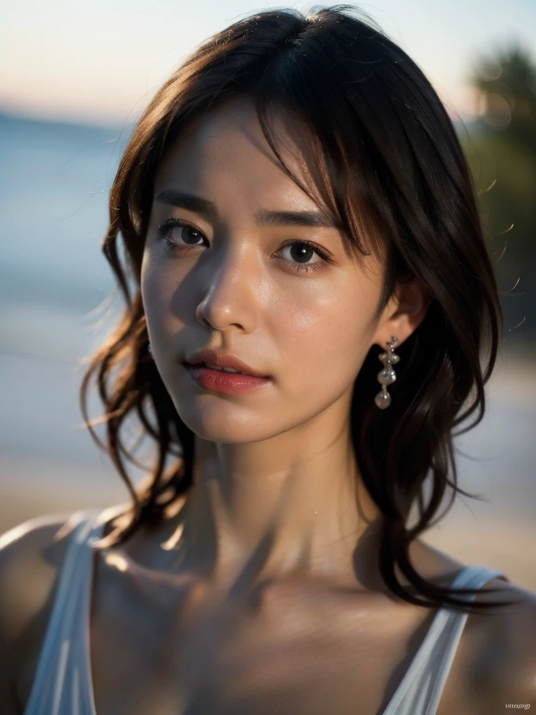 1 girl naked , Yui Aragaki, s young,(RAW-Foto, best quality), (realistic, photo-realistic:1.4), masterpiece, an extremely delicate and lovely,  extremely detailed, 2k wallpaper, earrings , finely detailed,  extremely detailed CG unity 8k wallpaper,  ultra-detailed,  highres icon,  soft light, lovelys detailed girl,  extremely detailed eyes and face, lovely detailed nose, lovely,  detailed eyes , cinematic lighting ,Perfect anatomy,  Naked, normal sized breasts, ,(bokeh:1.2) on the South Sea beach