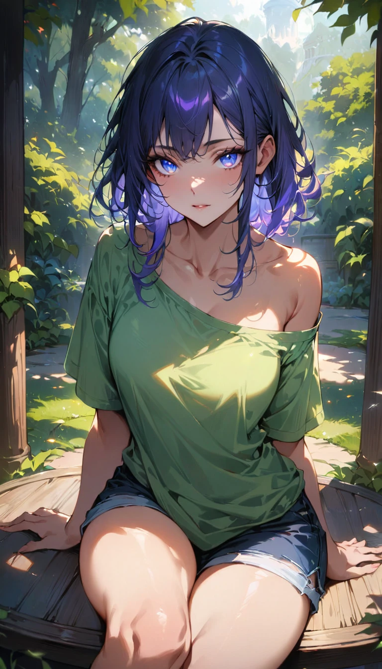 SFW, 1Girl, Adult ([fat|chubby] mukadzi:1.3), light purple normal hairstyle, wearing green v-neck sweater, natural small breasts, glowing Lapis Lazuli iris, cinematic eye textures, hyper focus on facial details, individual hair strands, beauty filter, [trees|bizarre] [sumptuous|kinky] [lush|empyreal] [moisture|refined] background details, subsurface scattering, ray traced, depth of field, bokeh, god rays, vivid colors, cinematic hard lighting, realistic shadows