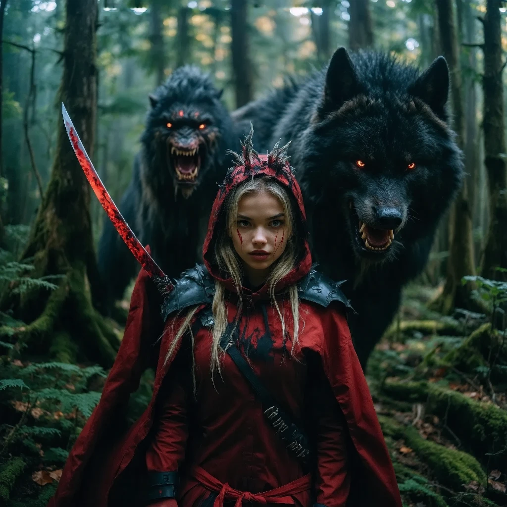 Create an image of Little Red Riding Hood with a beautiful European face and puffy lips, depicted as an assassin warrior wielding a red katana, preparing for a final battle in a fantastical dark forest. Include a black assassin werewolf lurking in the shadows. Surround her with frozen blood splatters suspended in the air, capturing the dramatic atmosphere of conflict. Add details of cannibal hunters chasing her, enhancing the scene's intensity and sense of epicness. Use rich, dark colors to underline the tension and dynamic action of the momen