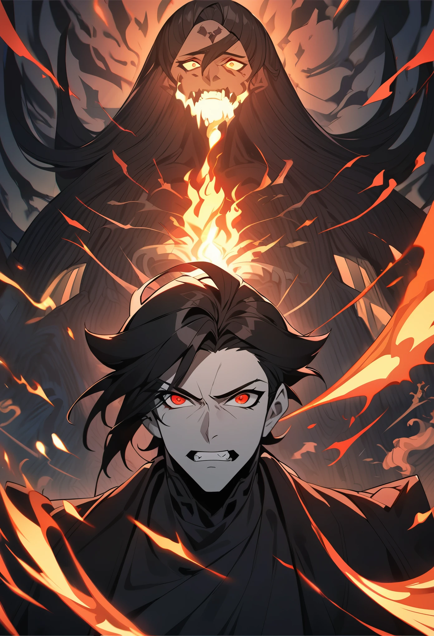 (Glowing eyes), black shirt, burning eyes, black hair, 1 man, masterpiece, angry, whole body.