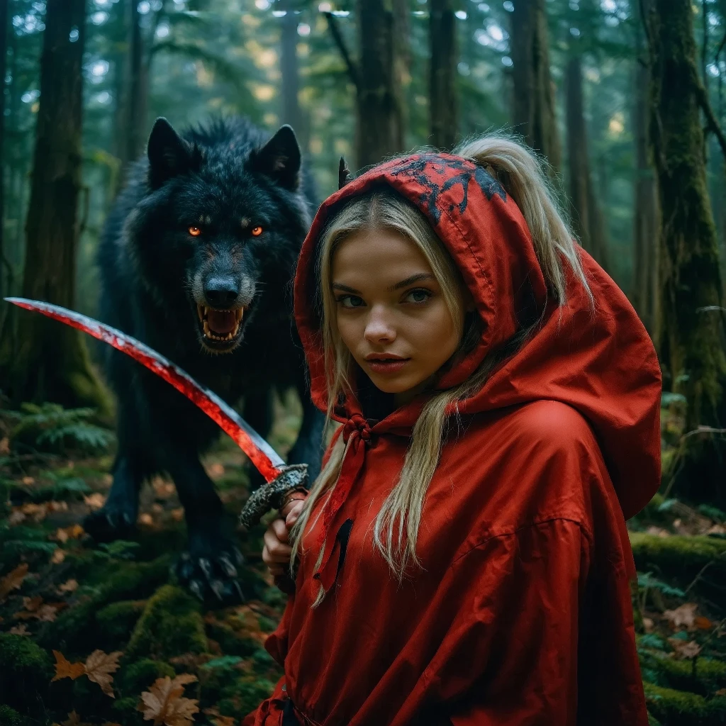 Create an image of Little Red Riding Hood with a beautiful European face and puffy lips, depicted as an assassin warrior wielding a red katana, preparing for a final battle in a fantastical dark forest. Include a black assassin werewolf lurking in the shadows. Surround her with frozen blood splatters suspended in the air, capturing the dramatic atmosphere of conflict. Add details of cannibal hunters chasing her, enhancing the scene's intensity and sense of epicness. Use rich, dark colors to underline the tension and dynamic action of the momen