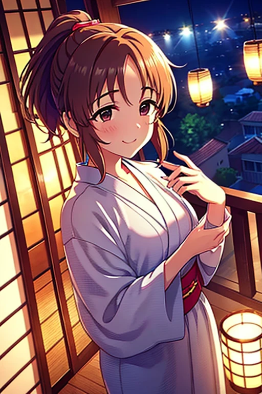  shiny brown hair,  ponytail, ( beautiful brown eyes 、Sparkling Eyes, fine grain)、smile、 super detailed eyes 、  highly detailed face ,  highly detailed eyes that can be seen underfoot,
Best Quality、masterpiece、High sensitivity、 high resolution on down、 detailed description 、 slender woman protecting her hands 、In yukata、Holding a folding fan、balcony wind chimes , (Perfect hands, perfect anatomy ),,  Five Fingers,
