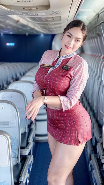 beautiful woman, 28 years、hyperdetailed face、Detailed lips、A detailed eye、double eyelid、(Smiling while walking gracefully down the aisle)、(Stewardess uniform:1.2)、((mini skirt:1.5)) (Glamorous body)、(Colossal )、（large full breasts）（big butts）（Plump body）（plump body shape）（ large full breasts）（Colossal ）((unbutton))、highs thighs thighs thighs, Perfect fit, Perfect image realism, Background with: (Business Class aisle on airplanes:1.2), Cowboy Shot, Meticulous background, detailed costume, Perfect litthing、Hyper-Realism、(Photorealsitic:1.4)、8K maximum resolution, (​masterpiece), ighly detailed, Professional