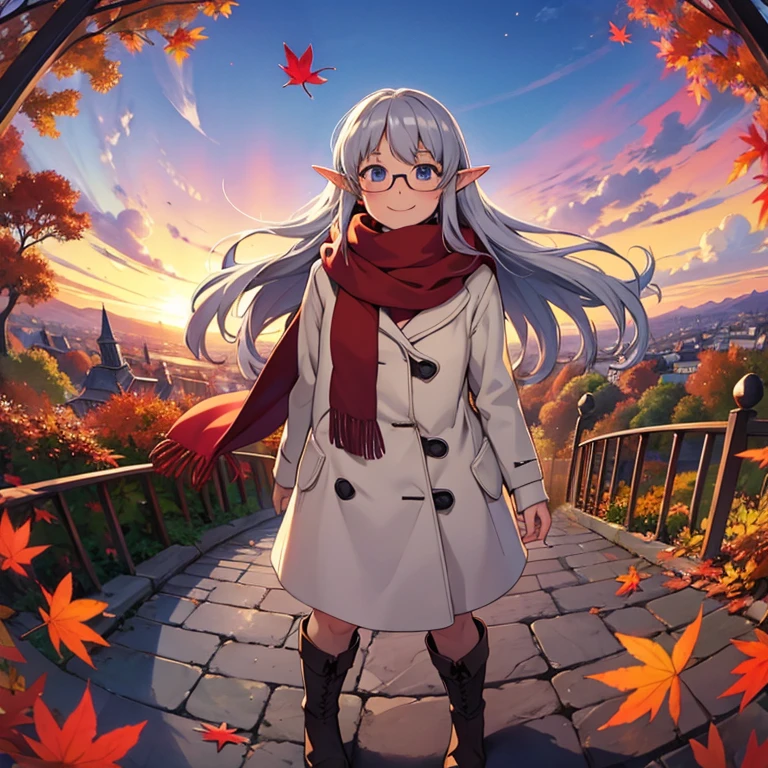 masterpiece，Best Quality， High image quality，( super flat ,   Flat Shading )，Elf、Glasses，Beautiful silver hair、 Fisheye Lens ， beautiful young mother and cute daughter，  warm scarf， (naked)，Long Hair， boots, smile, smile，White Breath，fun, play，Autumn park garden， fall leaves for vaginal discharge，Autumn sky，At dusk，Beautiful sunset，Wide angle， bright colors，watercolor, Ghibli style，Strong winds， Girl Temptation，