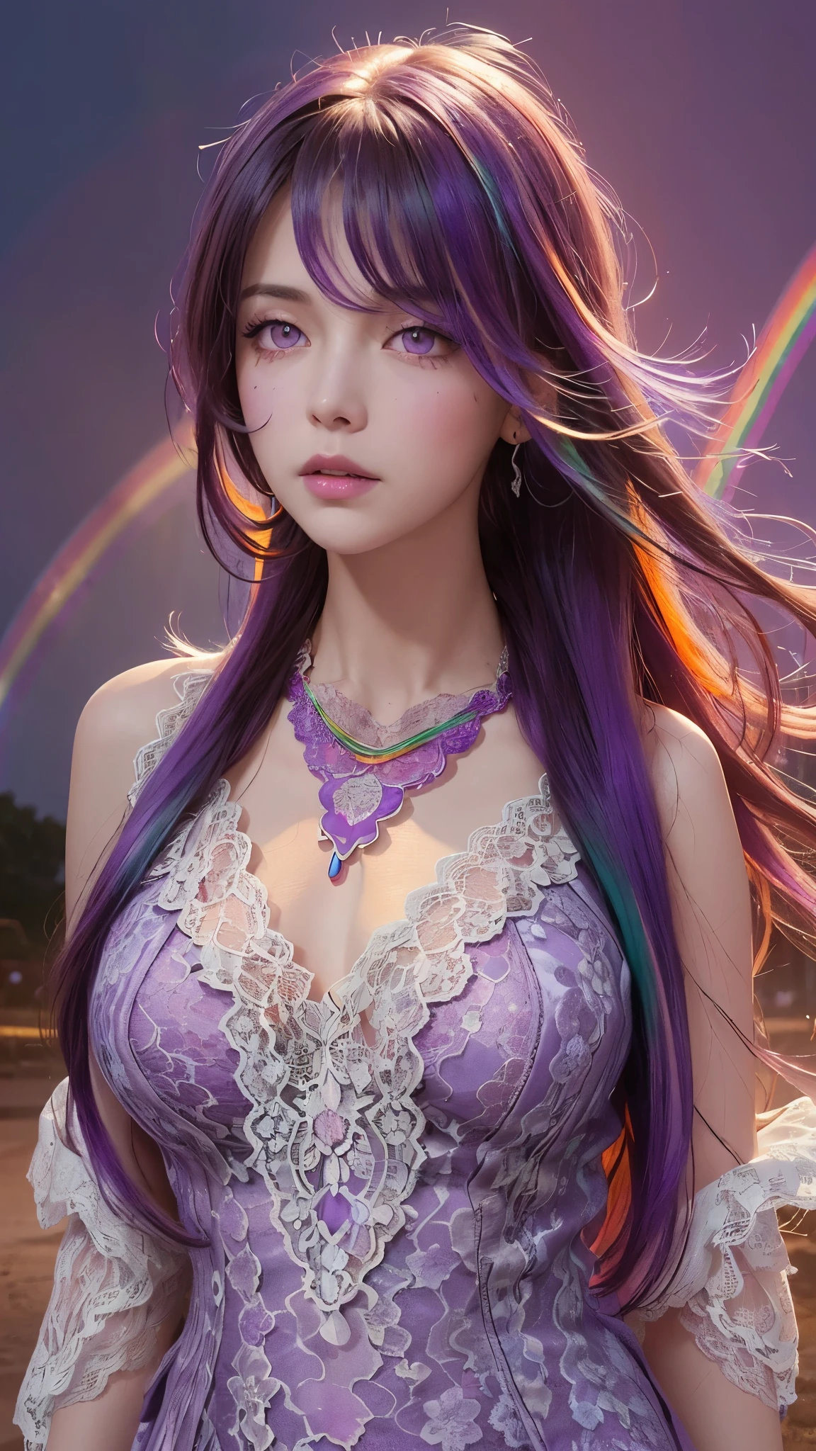 A beautiful and sexy 20 year old girl, wearing a super transparent red dress, ((long hair with bangs dyed in 7 rainbow colors:1.6)), the most detailed jewelry and beautiful hair, ((wears purple lace necklace:1.6) )), Super cute small face, very pretty face, thin eyebrows, flawless beautiful face, ((black eye pupil: 0.8)), very beautiful eyes, ((red eyes pale:1.5)), beautiful makeup and detailed eyelashes, steamy eye makeup, high nose, earrings, red lips, ((closed mouth:1;5 )) beautiful lips, slim hands, most beautiful thighs, ((arms spread out to the sides: 1.5)), rosy face, clean face, flawless beautiful face, smooth white skin, (big breasts: 1.5)), ((high breasts: 1.6)), Breasts plump, beautiful cleavage, ((big and super round breasts: 1.8))), ((super tight breasts: 1.5)), beautiful breasts, back arms, beautiful girl's upper body, 8k photo, quality super high, hyper realistic, 10x super pixel, photorealistic, dark studio, light edges, two-tone bright, (high detail skin:1.2), super 8k, soft light, high quality, lighting volumetric, realistic, Photo, high resolution, light, best photo, 4k, 8k quality, blur effect, Smooth and sharp, 10 x pixels, (galaxy: 1.7), aurora, lightning, surreal graphics, most realistic graphics, alone, solo, Extremely sharp, surreal images, (((frontal portrait:1.3)))."