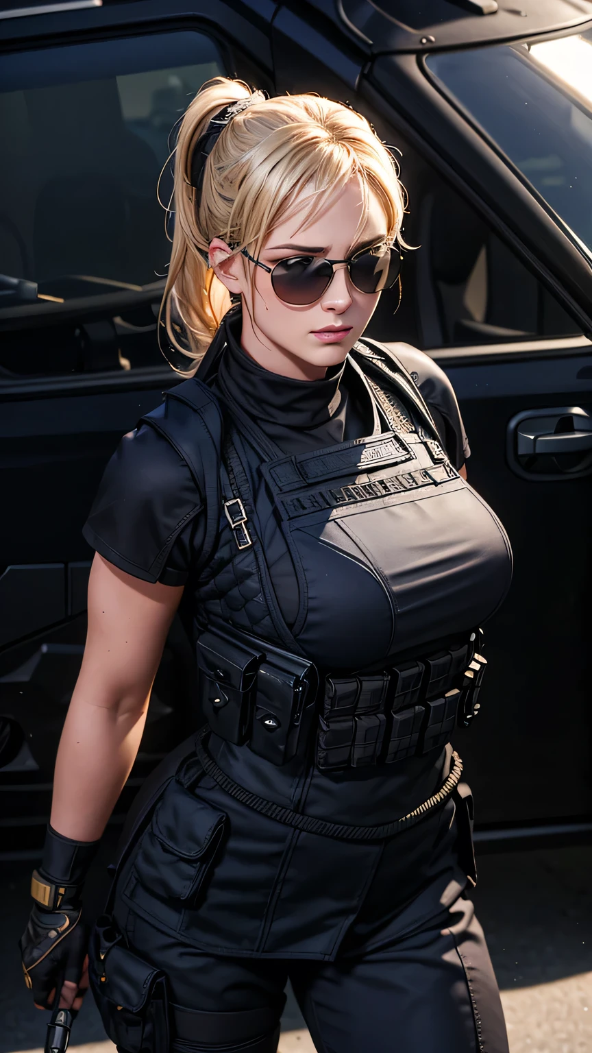 blonde pony tail hair, beautiful woman, pro lighting, photorealistic, Realistic face details, complicated details, 8k, ultra high details, dynamic camera angle, hips up, sunglasses, swat gear, armor vest,