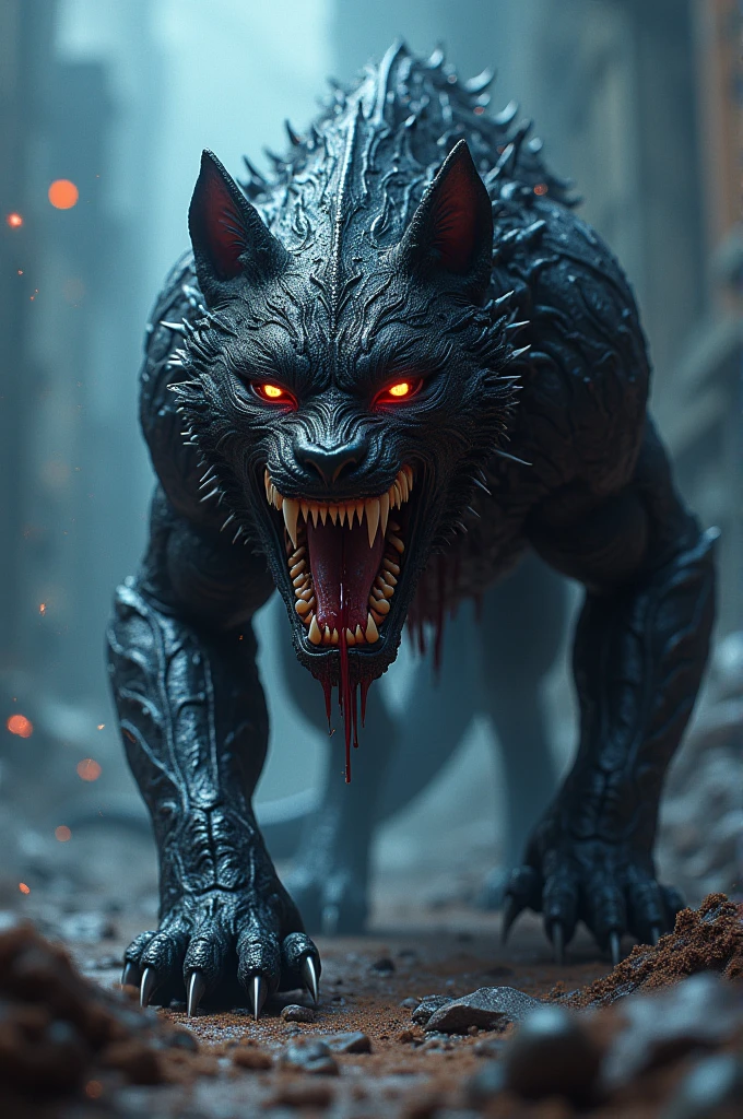 1 con quái vật, một con sói metals, metals. red eyes, the box said, tay trắng, arm raised(Perfect Hands), masterpiece, Best quality, werewolf high resolution, HorrorFantasy