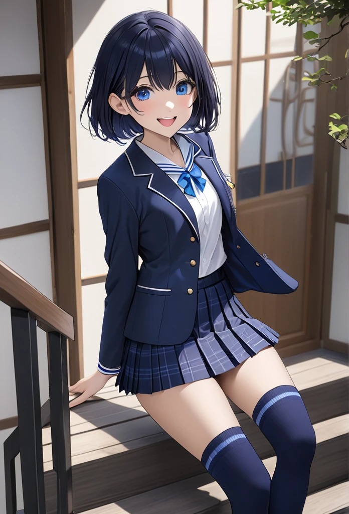 (((Japanese JK uniform, navy blue blazer , navy blue plaid pleated miniskirt,Dark blue short socks,))), full body、masterpiece, Best Quality,  Very Detailed, Thin legs、 Beautiful Details , Depth, Fine texture, Fine skin,  very cute girl sticking  on the stairs、Alone、Happy smile、blush, open mouth、 Deep Blue Eyes , Black Hair、open jacket、 sneakers 、 small breasts、City、 short bob、