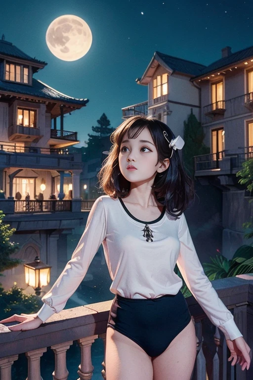 (masterpiece, highest quality),  (night's ghost mansion), One Girl, young teen, Black gymnastics bloomers, High leg、white blouse, walking in night ghost house、Anxious expression, Emotional, Wide-angle, dark, Best Shadow, watercolor,ghost、devil、Death Strikes、Fate of Death,terrace、balcony、Moonlit Night、 、 and look up from below、 View from Below 、garden