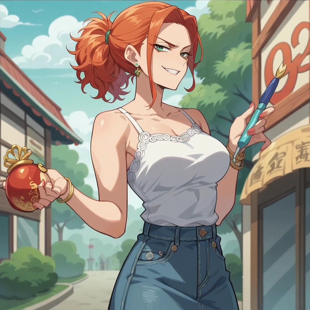 photorealistic, (4k), depth of field, (Masterpiece), (realistic skin texture), extremely detailed, intricate, hyper detailed, professional photography, bokeh, high resolution, sharp detail, best quality, woman, short ponytail, red hair, red eyes, (purple top:1.3), cleavage cutout, shoulder cutout, hood down, green pants, fingerless gloves, leather belt, <lora:Toa-000004:0.7> , <lora:GoodHands-vanilla:0.8> , legs apart , (medieval market stall:1.5), cobblestone bath, happy, eating an apple,