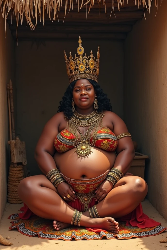 A typical Ethiopian woman, wearing typical Ethiopian costumes and accessories. Inside a traditional Ethiopian site. With colors of the Ethiopian flag. beautiful face. Linda. chubby. hyperrealisti. hyper detailled. 9 months pregnant. pregnant breasts. pregnant belly. NUDE. sitting on a bench. at dusk.