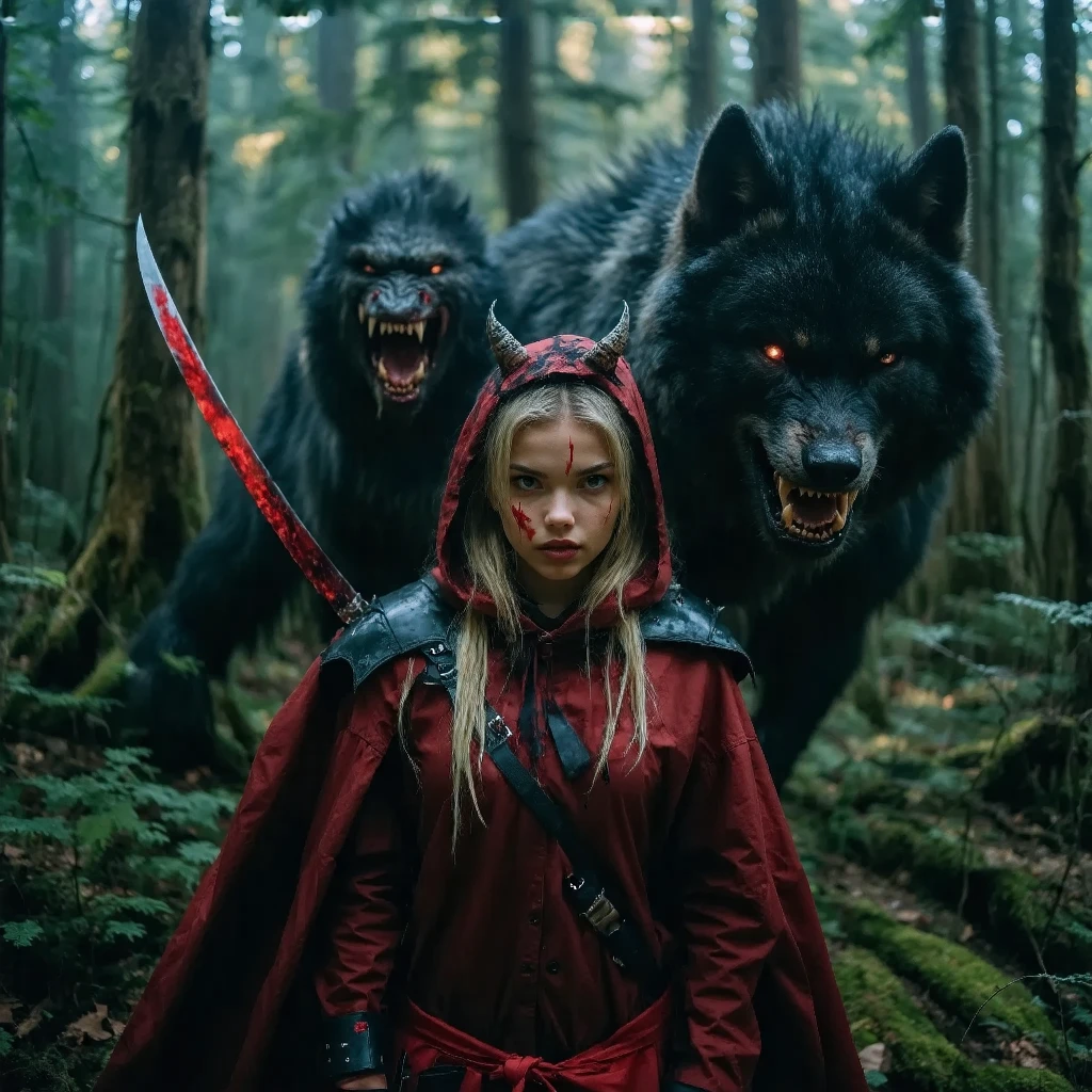 Create an image of Little Red Riding Hood with a beautiful European face and puffy lips, depicted as an assassin warrior wielding a red katana, preparing for a final battle in a fantastical dark forest. Include a black assassin werewolf lurking in the shadows. Surround her with frozen blood splatters suspended in the air, capturing the dramatic atmosphere of conflict. Add details of cannibal hunters chasing her, enhancing the scene's intensity and sense of epicness. Use rich, dark colors to underline the tension and dynamic action of the momen