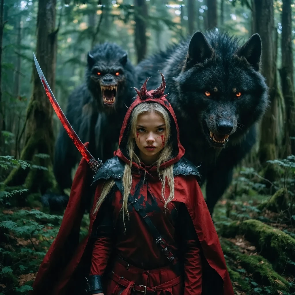 Create an image of Little Red Riding Hood with a beautiful European face and puffy lips, depicted as an assassin warrior wielding a red katana, preparing for a final battle in a fantastical dark forest. Include a black assassin werewolf lurking in the shadows. Surround her with frozen blood splatters suspended in the air, capturing the dramatic atmosphere of conflict. Add details of cannibal hunters chasing her, enhancing the scene's intensity and sense of epicness. Use rich, dark colors to underline the tension and dynamic action of the momen