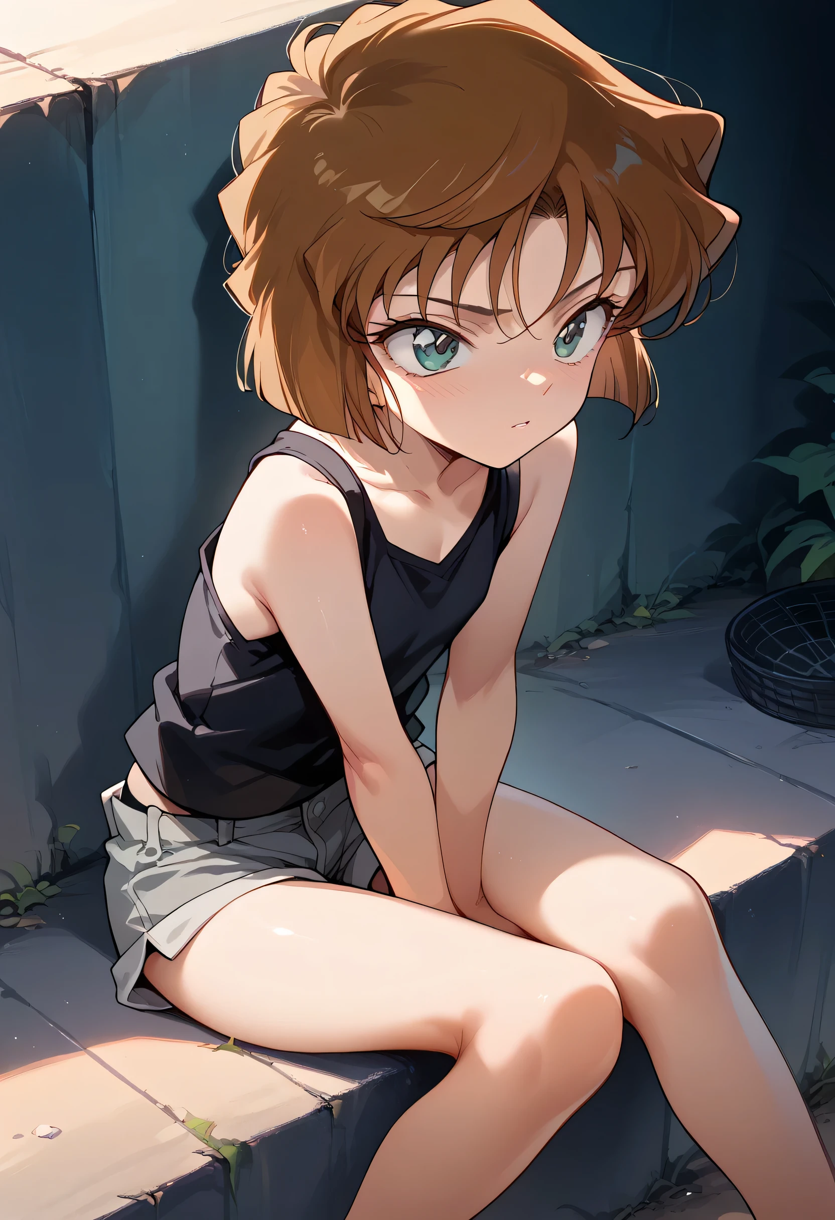 masterpiece, high resolution on down,Best Quality,8k ( Detective Conan ,Haibara Ai) ( girl,, flat chest,short,Brown Hair, short hair) 
(Grey short hot pants, Black Tank Top),Hands Between Legs