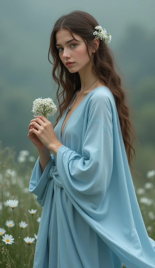 ((Waist Up Shot)) Professional Photo of 20 yo European Look gorgeous female [Gal Gadot : Maude Adams : 0.4] donning casual modest gown with long sleeves walks at the breath-taking surreal meadows scene with full of beautiful and vibrant exotic flowers, blue sky with cotton like white clouds, detailed face, detailed hair, sharp focus, OverallDetail Portrait photo, by WLOP and Thomas Ruppel, masterpiece, stunning, fantasy, hyper detailed, 8k character