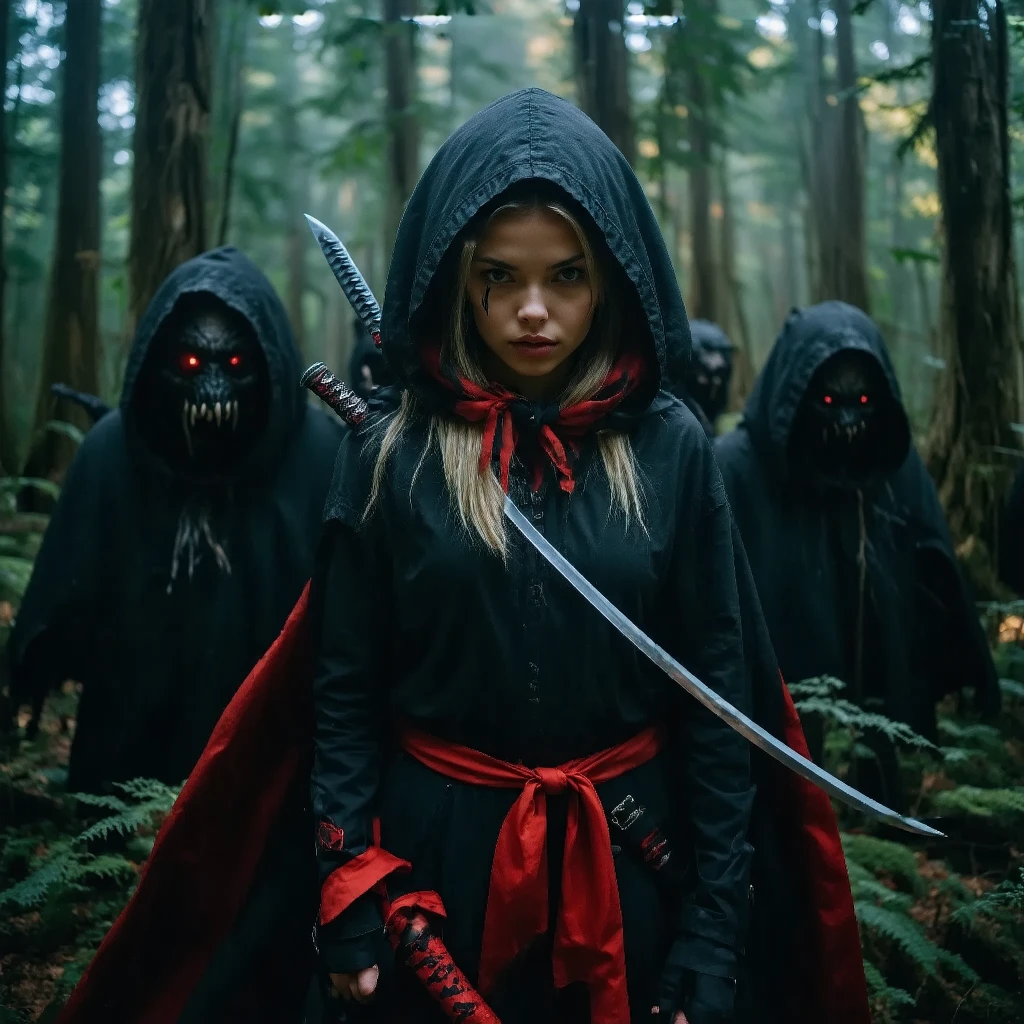 Create an image of Little Red Riding Hood as a fierce ninja witch hunter, dressed in a dark, hooded outfit with red accents. She wields dual katanas and stands poised in a mystical forest at night, surrounded by mist and eerie shadows. The scene should include elements like magical glyphs in the air and the silhouettes of defeated witches in the background. Highlight her determined expression and agile stance, using a dramatic color palette with deep reds and blacks to emphasize the dark fantasy theme