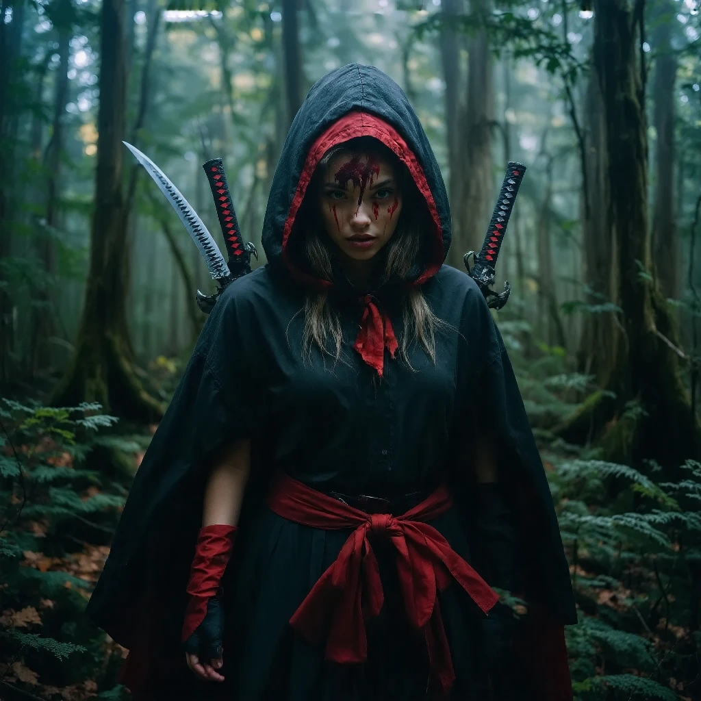 Create an image of Little Red Riding Hood as a fierce ninja witch hunter, dressed in a dark, hooded outfit with red accents. She wields dual katanas and stands poised in a mystical forest at night, surrounded by mist and eerie shadows. The scene should include elements like magical glyphs in the air and the silhouettes of defeated witches in the background. Highlight her determined expression and agile stance, using a dramatic color palette with deep reds and blacks to emphasize the dark fantasy theme