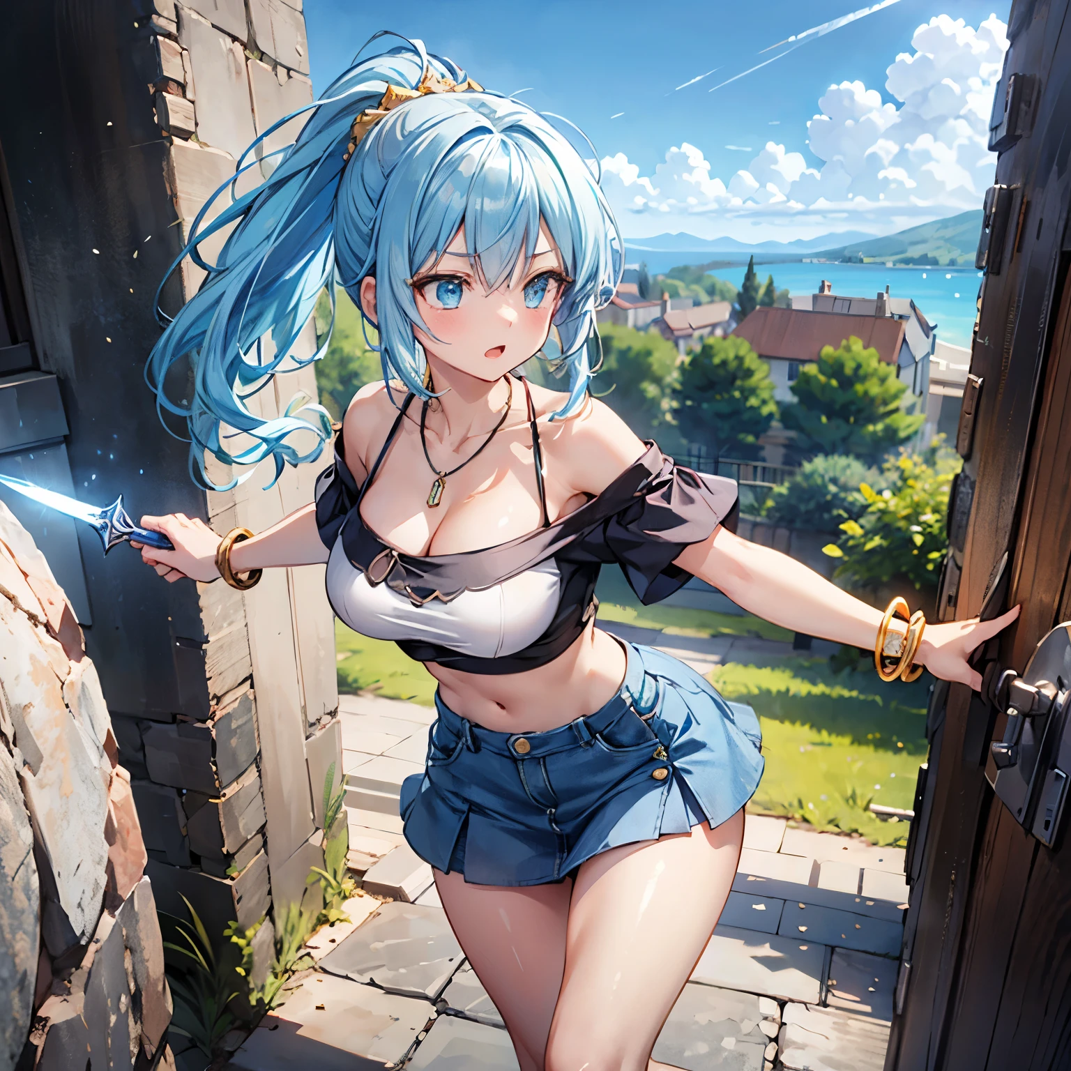 Anime Moe Art Style,Highest quality,High resolution,Anatomically correct,One Girl,Mid-s,Girl with light blue hair in a ponytail,Very detailed,Fantasy-style world,Off-the-shoulder tops,mini skirt,Big Breasts,Rich expressiveness,Laughing with your mouth open,cave,Opening a treasure chest,Detailed drawn eyes,hair ornaments,necklace,bracelet,8k