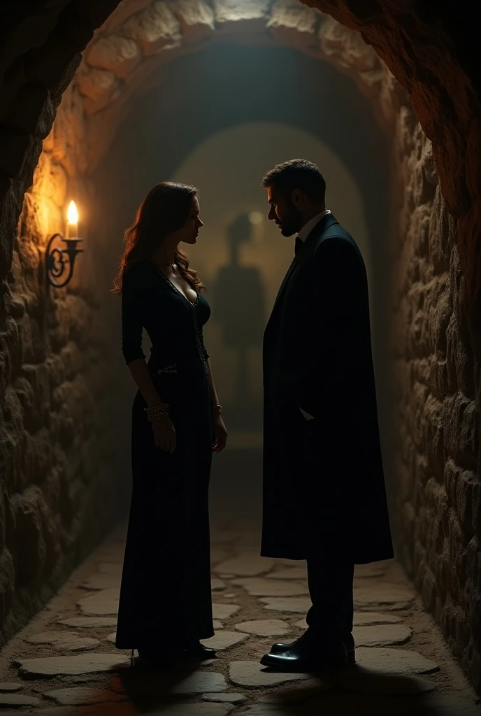 Full-length view, a tall, buxom, full-figured, pretty Victorian widow in a black dress, Fear-filled, Standing fearfully together with a sinister-looking gentleman in a dark ancient laboratory and talking to him , by Jean Béraud, inspired by Jean Béraud, inspired by Édouard Detaille, edouard leon cortes, inspired by Ivan Kramskoi, inspired by Jean-Louis-Ernest Meissonier, by Édouard Detaille, inspired by Paul Émile Chabas