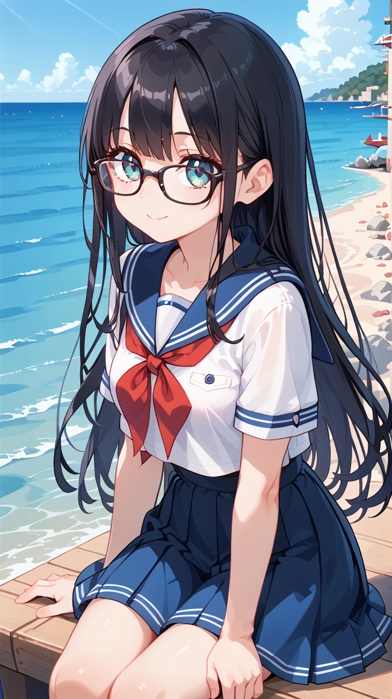  1 girl, Black Hair, long hair,Glasses, sailor suit,sea,Wharf,sit,beautiful autumn sunshine,   down in high resolution  , 最高quality, Accurate, 高quality, quality,    very detailed,
