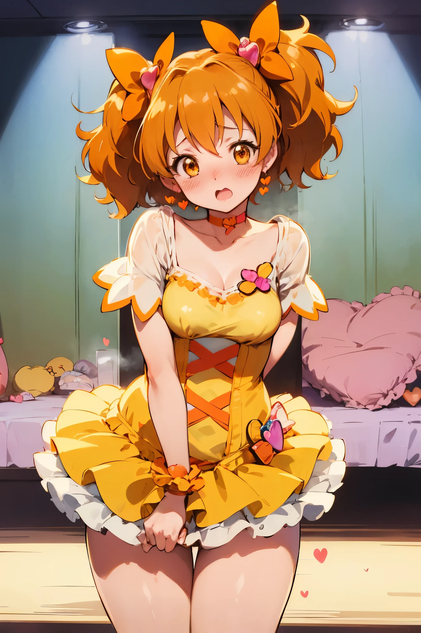 NSFW,masterpiece,Best Quality, high resolution on down, very detailed,Cure Pine \( Pretty Cure\), one side up 、 short hair、 hair bow、Frills、Short sleeve、Wrist cuffs、 orange choker、orange boots 、Yellow Skirt,(Embarrassed:1.5),blush, shy,( love hotels :1.5)