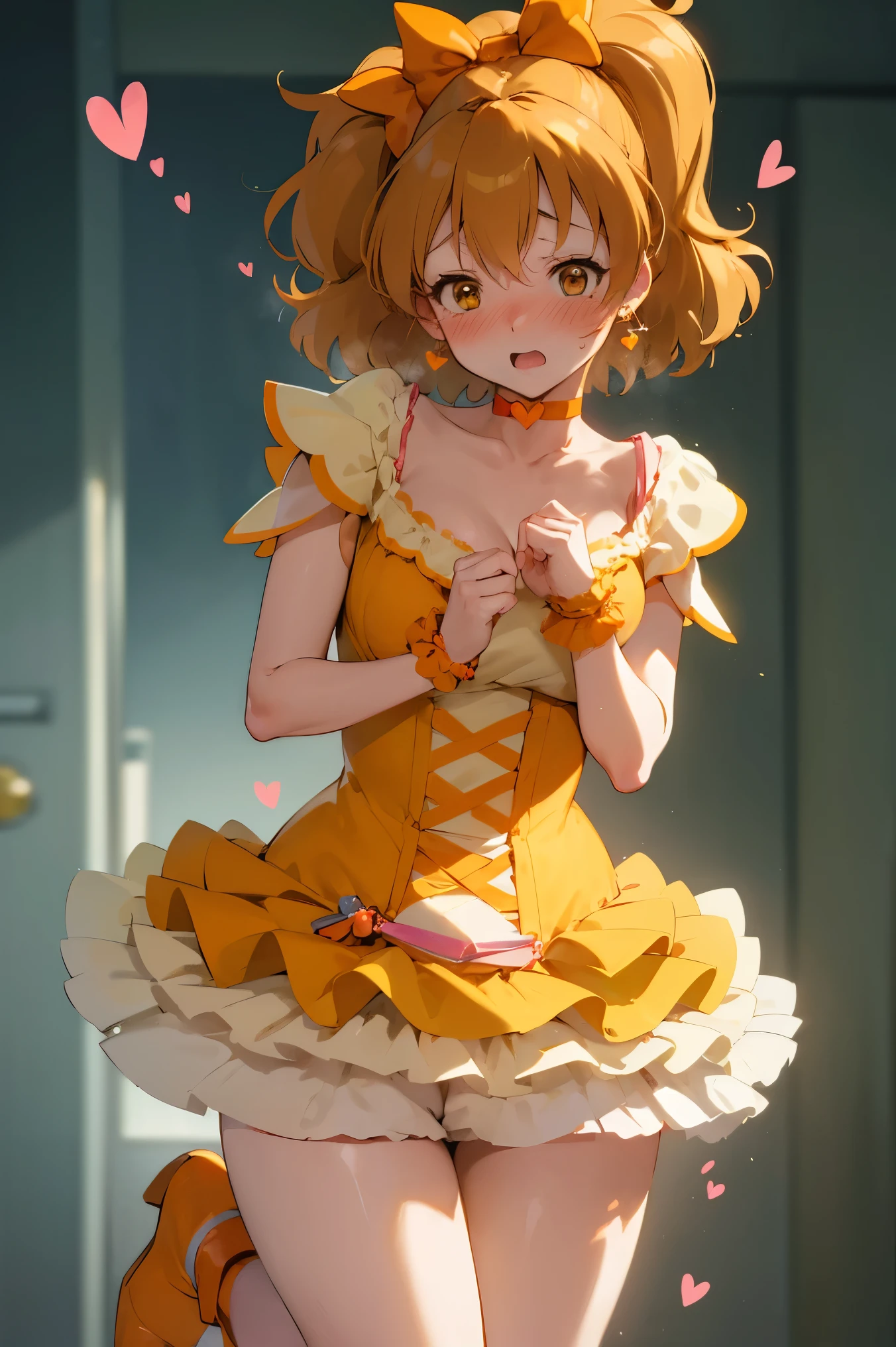 NSFW,masterpiece,Best Quality, high resolution on down, very detailed,Cure Pine \( Pretty Cure\), one side up 、 short hair、 hair bow、Frills、Short sleeve、Wrist cuffs、 orange choker、orange boots 、Yellow Skirt,(Embarrassed:1.5),blush, shy,( love hotels :1.5)