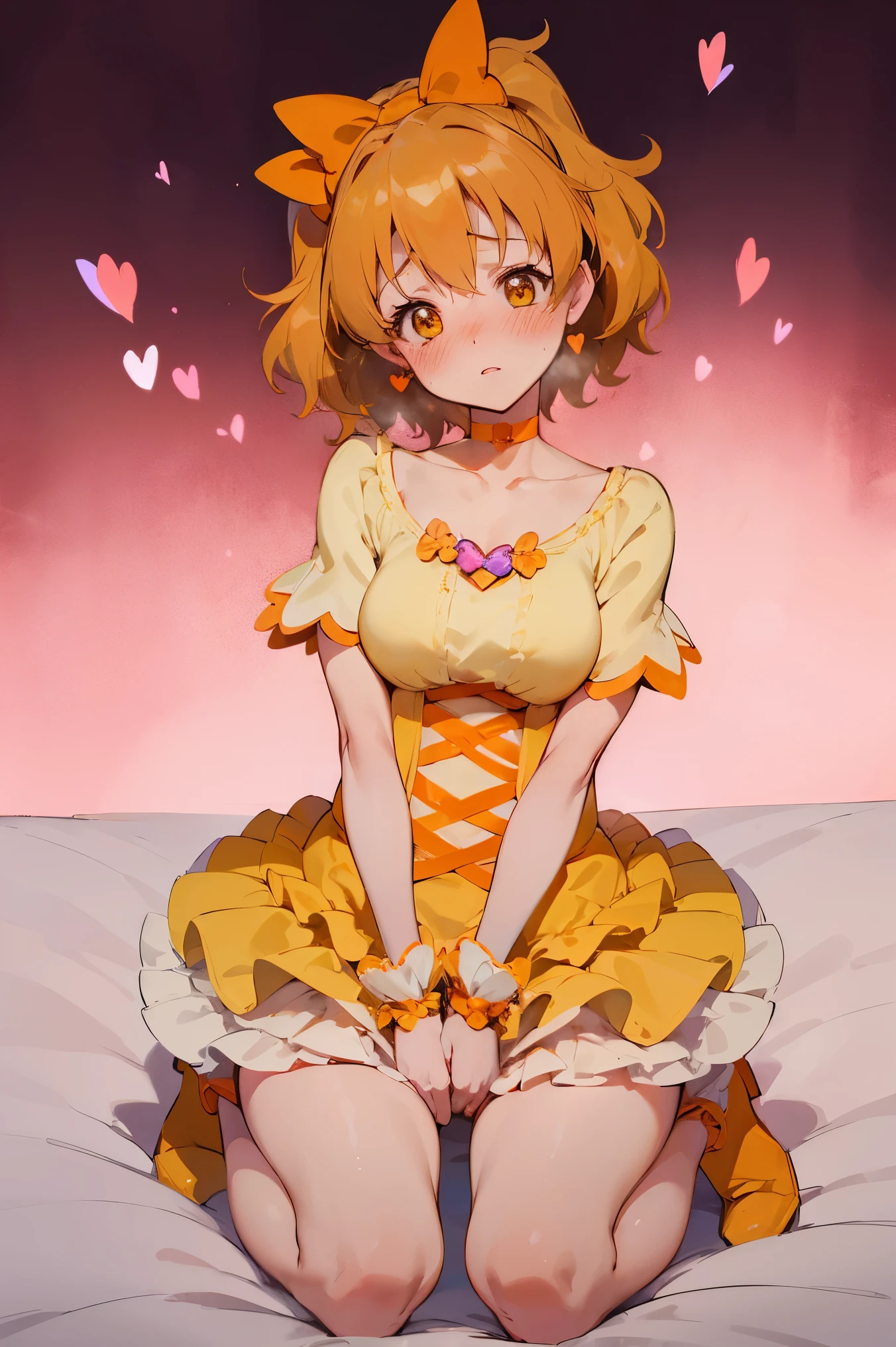 NSFW,masterpiece,Best Quality, high resolution on down, very detailed,Cure Pine \( Pretty Cure\), one side up 、 short hair、 hair bow、Frills、Short sleeve、Wrist cuffs、 orange choker、orange boots 、Yellow Skirt,(Embarrassed:1.5),blush, shy,( love hotels :1.5)