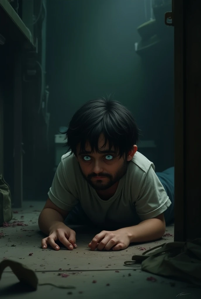 Black haired boy looks at the ghost and screams crying