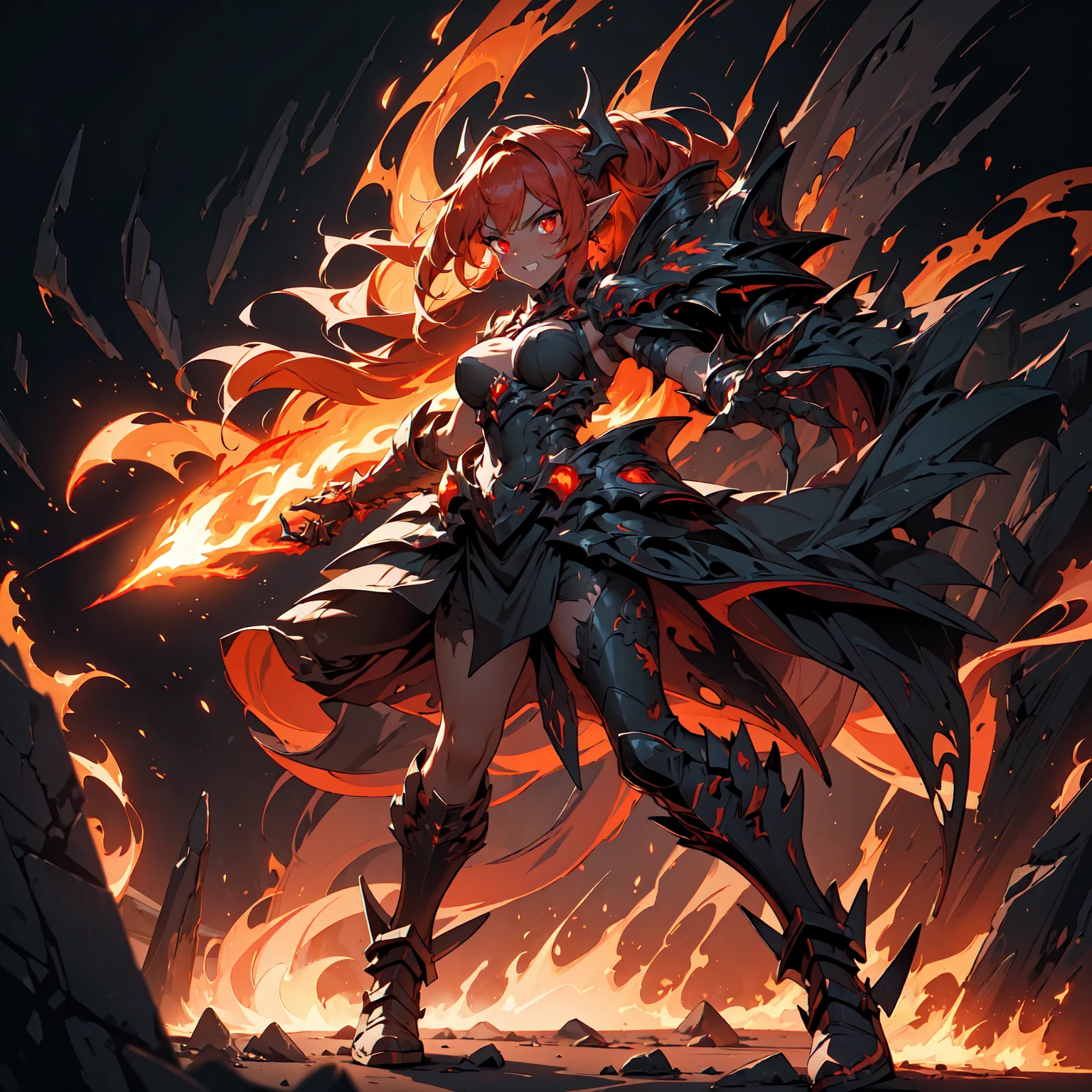Shiota is a warrior with vibrant red hair.,flow like living fire around your head. She is in a firm and powerful posture, body slightly tilted forward, ready to deliver a deadly blow. His expression is determined and fierce, with an intense gaze that reveals the draconic strength she is channeling. Seus olhos brilham intensamente, with incandescent irises reflecting the fury of the flames that surround her.
A flaming aura surrounds Shiota&#39;s entire body, with dancing flames in shades of red, laranja e dourado. Flames seem to emerge from within her, as if becoming one with the power of the dragon. Shiota&#39;s hair flutters as if in the wind, with the tips emitting light sparks. Your skin displays temporary flame markings or scales that glow during the transformation., accentuating your connection with the draconic essence.
Shiota wears a red and black battle suit, with dragon wings and tail, intricate gold details reminiscent of dragon scales. A black and red sash is tied around her waist, holding an ornate scabbard embossed with the image of a golden dragon. She wields a katana with a shining blade, which emits a light aura of fire, ready to deliver devastating blows.
The setting is a devastated battlefield, with sparks and small flames in the air, creating an atmosphere of chaos and destruction. The ground around Shiota is burned or cracked due to the heat emanating from his flaming aura.. Other warriors can be seen in the background, some in shock and others trying to keep their distance, intimidated by Shiota&#39;s strength and overwhelming presence.
Shiota is at the height of the battle, facing multiple opponents or a powerful enemy. His fiery aura and imposing stance highlight his draconic transformation., making her a central figure on the battlefield. The intensity of her transformation suggests she is fighting with all her might.