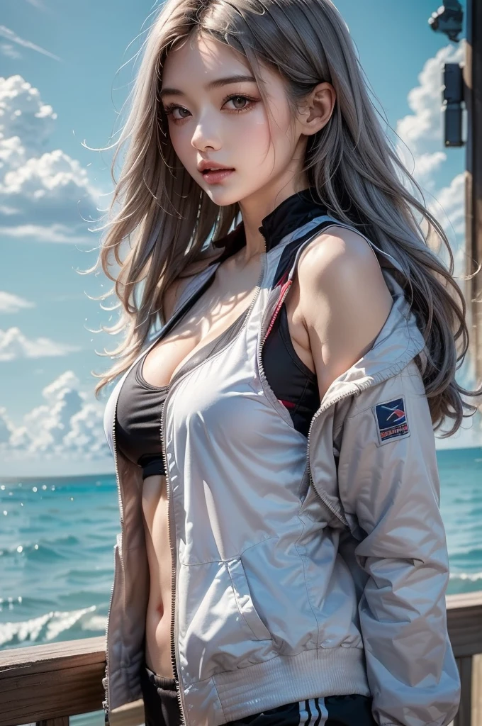 2.8D illustration, masterpiece, best quality, 1girl, medium breasts, Exposed shoulders, white hair, long hair, beautiful, sea, beach, ocean, sky, noon, sunlight, sports girl, black-and-white sports wear, jacket. face:sweet girl
