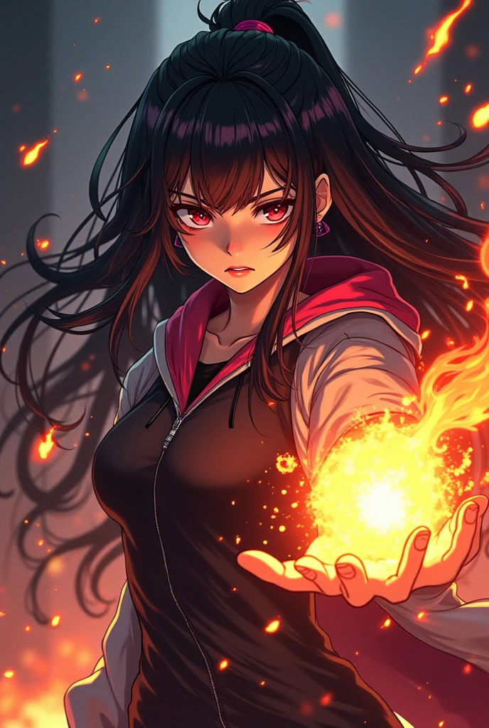 [Image 8k] 1 , front manga style .  Long black hair with pink highlights, black eyes, In one hand you have a fireball, blood, Light particles, rays of light, wallpaper, high contrast, dark background. 
