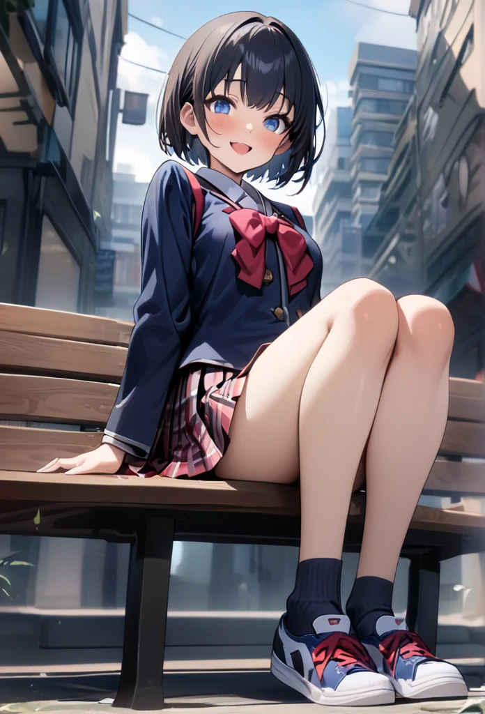 (((Japanese JK uniform, navy blue blazer , navy blue plaid pleated miniskirt,Dark blue short socks,))), full body、masterpiece, Best Quality,  Very Detailed, Thin legs、 Beautiful Details , Depth, Fine texture, Fine skin,  very cute girl sticking  on a bench、Alone、Happy smile、blush, open mouth、 Deep Blue Eyes , Black Hair、open jacket、 sneakers 、 small breasts、City、 Brown Hair, short bob、