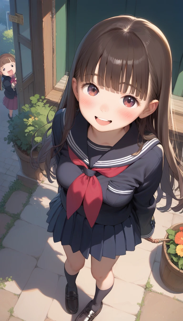 {Best Quality], [Very beautiful], [ Ultra-Fine], [ best illustration],sauce_Anime,stand,Brown Hair,hime cut,Long Hair, Had, excited face ,cute, I Like What You Appeal , High School Girl ,black sailor suit ,skirt,  Women in Black Coats , Beautiful breasts, Long black socks ,  black loafers , slender,  Blushing ,Woman looking up, is embarrassing, Staring at People You Like ,In the village,Outside the house, Pose, the above,From an angle,Women Confess 