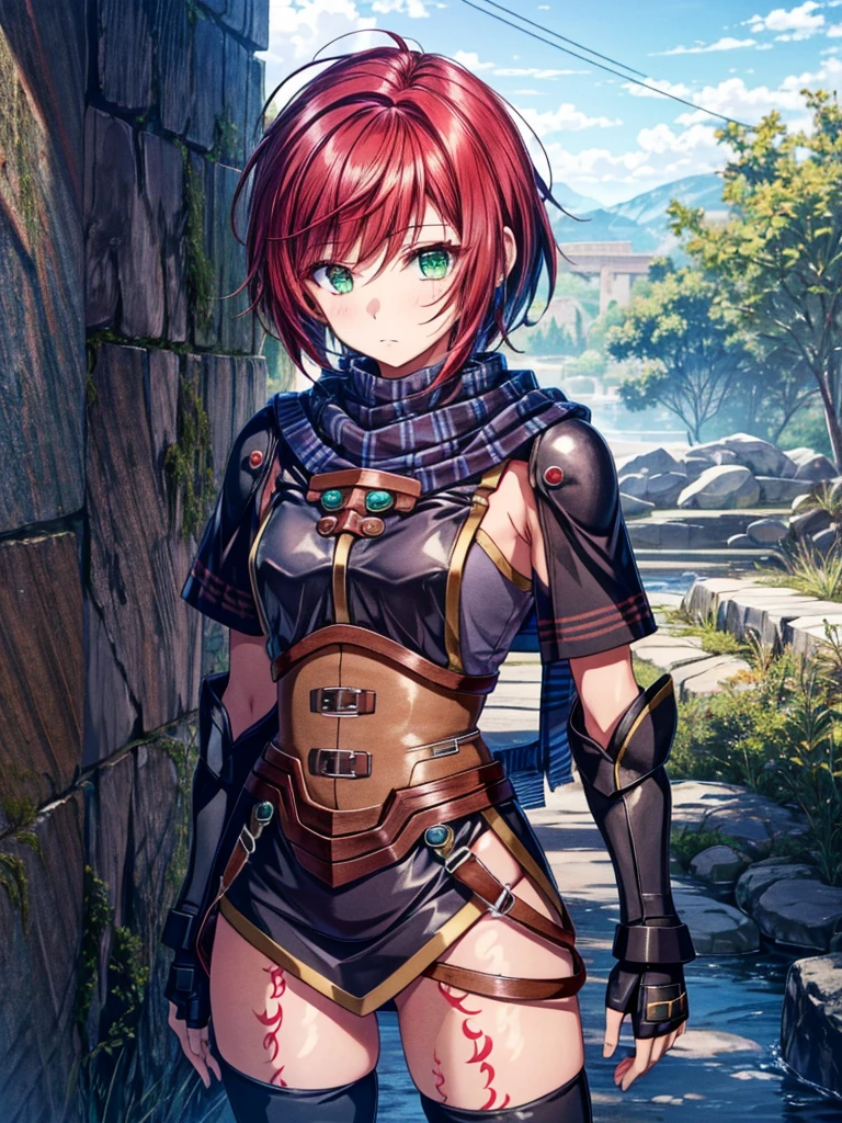 (masterpiece, highest quality, Perfect Anatomy, Fabric Shading, gleaming skin, Glowing Skin, Detailed skin,) break,
(One Woman, solo, nel zelpher,
striped scarf, black dress, corset, fingerless gloves, thigh bootsslender body, large and soft breasts, big and soft hip,) BREAK,
(light smile, BREAK), BREAK,
((standing, Arching back,), Hands on Hips, )BREAK,
(sunlight filtering through the foliage, lake in the forest) BREAK
