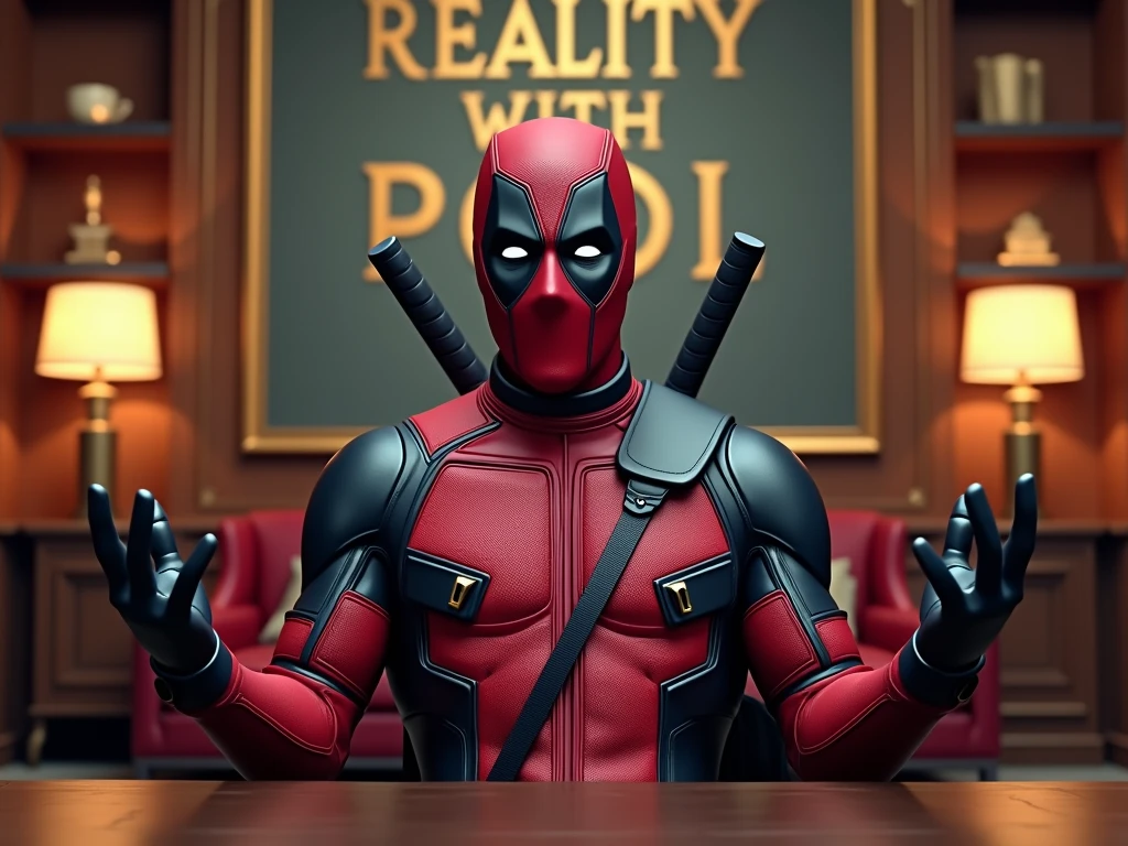 Deadpool escuchando una radio and en las paredes escrituras con sangré que digan ((Henrand 2.0)) and ((the paranormal night))