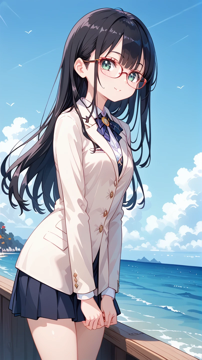  1 girl, Black Hair, long hair,Glasses,blazers,sea,Wharf,sit,beautiful autumn sunshine,   down in high resolution  , 最高quality, Accurate, 高quality, quality,    very detailed,
