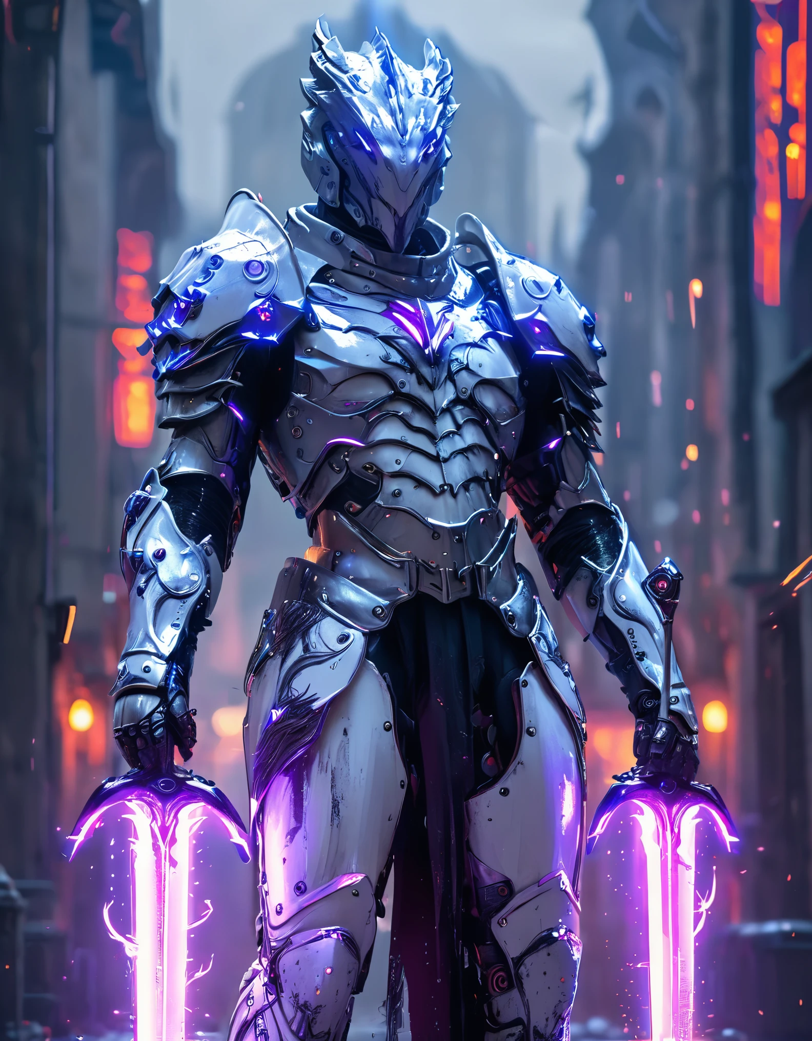 A city with a flag with the number “1000” on it, concept art by Jan J, trending on Artstation, fantasy art, from Ark Knights, glowing purple lightning blades, Raymond Swanland style, anime concept hdr anime McManus, trending in artstation: 3, death knight, genji, arc knights, overwatch reaper, king of the reapers of time, (dragon guard arms, gloves), (white, black), (mecha cyber shiny armored suit, a pair mechanical armor:1. 4), Motion Blur, Ground Destruction.