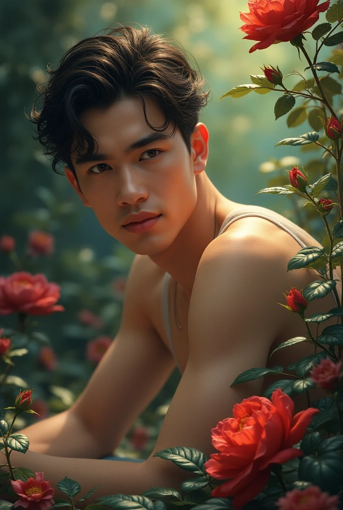 ((realistic photo)), handsome guy, 20 years old, wearing a leaf just covering his genitals, carrying a red rose ((raised in front of his chest), sculpted body, Korean hair, sharp eyes, perfect face, perfect body curves, sculpted muscles , facing forward. Location of the Greek kingdom.