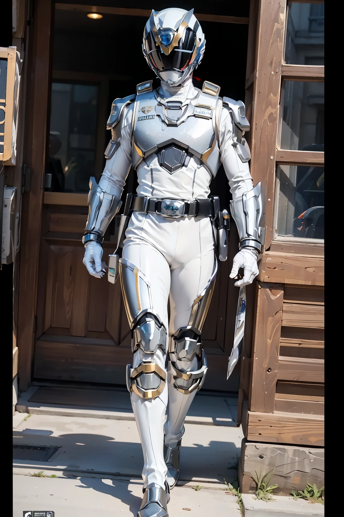 1boy, full body, Illustration, cinematic light, high resolution, best quality, ultra-detailed, masterpiece, power suit, powerranger, suit, spd, (Silver and Gold chest plate), white and gold detail, (((white suit))), ((police theme:1.2))