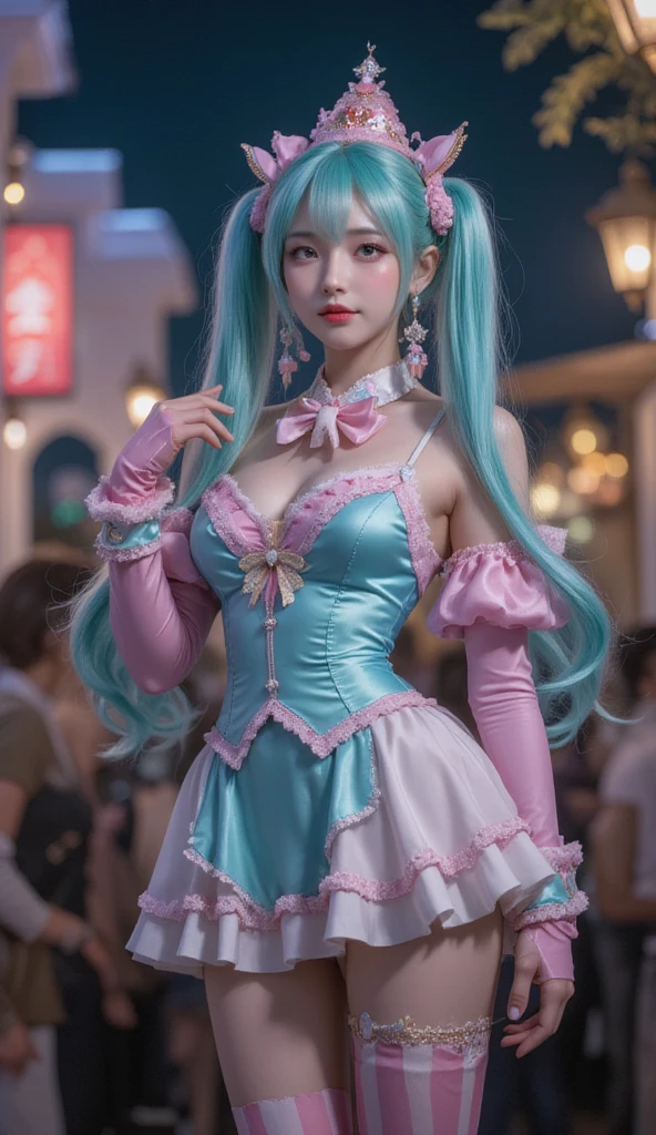 hatsune miku cosplay costume, hatsune miku, magical mirai miku, cosplay, aqua hair, twintails, very long hair, vest, sleeveless dress, frills, asymmetrical gloves, bowtie, mini hat, hair ornament, gloves, wrist cuffs, asymmetrical legwear, vertical-striped thighhighs, shoes ((Bare shoulders)), ((Full breasts)), ((Very big breasts)), ((The skirt is very short)), ((Very beautiful legs)), ((Standing)), ((cowboy shot)), actual, Fashion Girl, red lips, Mature women, Exquisite makeup, big eyes, beautiful, (best quality, masterpiece:1.2), Super detailed, (actual:1.37), ((Random Scenes, Random shooting angle)), Young and energetic, Charming model, (Exquisite eyes, delicate lips), Show a bright smile, Create stunning girl images, warm color, Extremely saturated colors, Official Art, Extremely detailed CG, Unity 8k Wallpaper, (High Dynamic Range :1.4), (Movie atmosphere),(Soft colors), (Natural skin texture, ultra-actual, Soft Light, sharp),(Very detailed), night, moonlight, ((Correct Legs)), ((Anatomically correct))