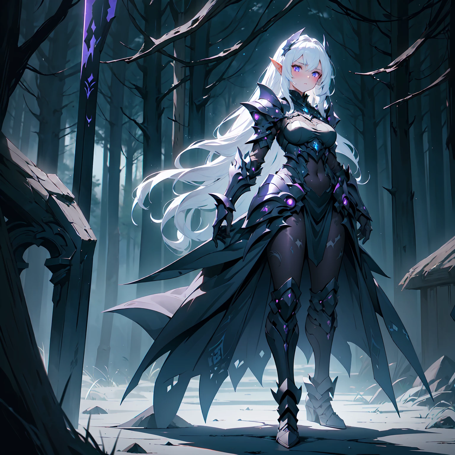 ((masterpiece, best quality, 16k)), ((full body)), (1girl), A mysterious demonic elf with flowing white hair and deep purple eyes, wearing sleek, shadowy armor that seems to merge with the darkness. Her armor has intricate, dark violet etchings that glisten like obsidian under moonlight. Her expression is stoic, with an air of wisdom and secrecy. Kaela wields a massive, curved shadow blade that hums with dark energy. Ethereal, shadowy wings emerge from her back, making her presence both haunting and majestic. She stands in a mist-filled, moonlit forest, her figure blending into the shadows around her.