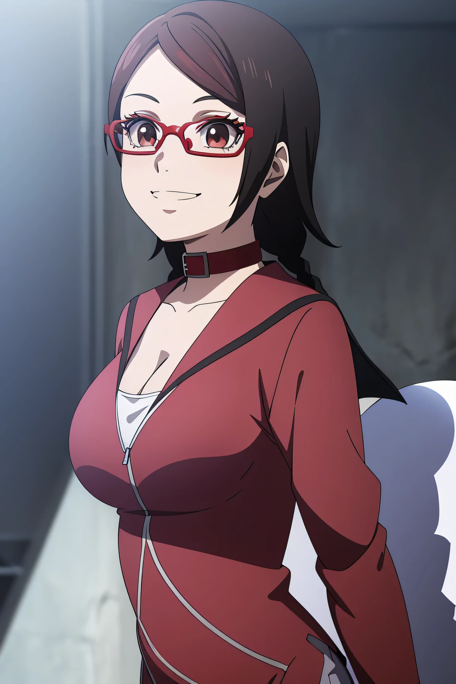 1girl, masterpice, high quality, best quality, good anime picture, misaki, ((wearing red dress , black shorts)), ((serafuku)),(cleavage) glasses, twin braids, ((collar)), hair ornament, full upper body, big breasts, dynamic light and shadows, smile, (eyewear:1.2), multicolor outfit, black hair, red suit