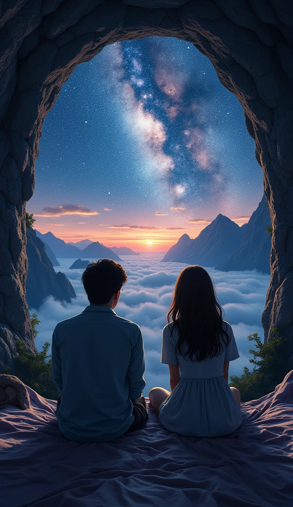 , (medium full shot ) of two lovers gazing at the stars together, detailed face, located in a romantic scene at a quiet hidden cave lit by glowing crystals during twilight with misty weather, illuminated by golden sunset, creating a passionate atmosphere, ,Masterpiece,best quality, photo, realistic, very aesthetic