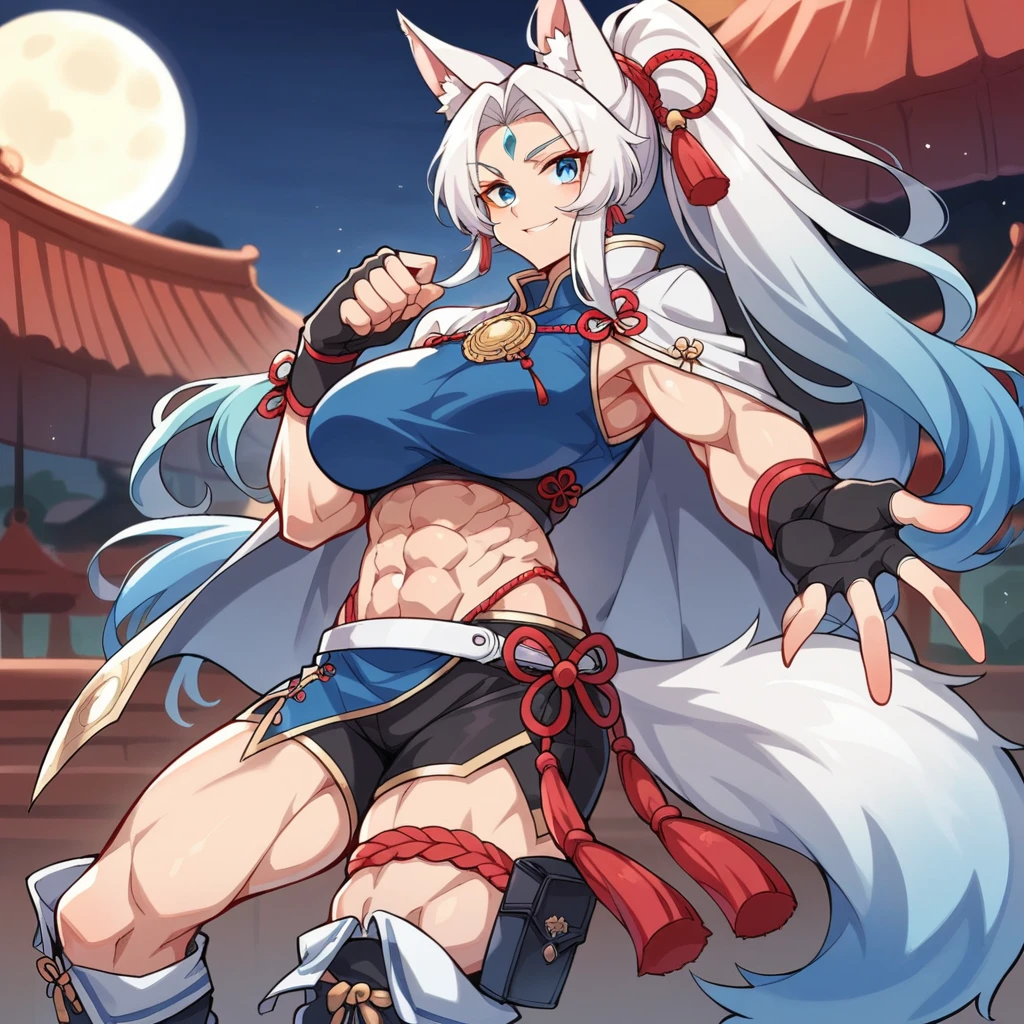 Large biceps, ( FeixiaoDefault, animal ears, long hair, ponytail, gradient hair, white hair, blue eyes, forehead jewel, ear piercing, tassel hair ornament, tassel earring, blue shirt, chinese clothes, brooch, red tassel, white coat, black gloves, fingerless gloves, white belt, blue waist cape, black shorts, thigh strap, knee boots,((animal ears,fox ears,gradient kitsune tail)), solo, holster on the hips,,((night japanese festival)),female abs,muscular, (eight abs pack),((smiling)),((scar on body)),((holding an ice cream)),((eight kitsune tails)),((watch on wrist)),((nighttime)),one hand reaching out towards the viewer,((night star sky)),moon