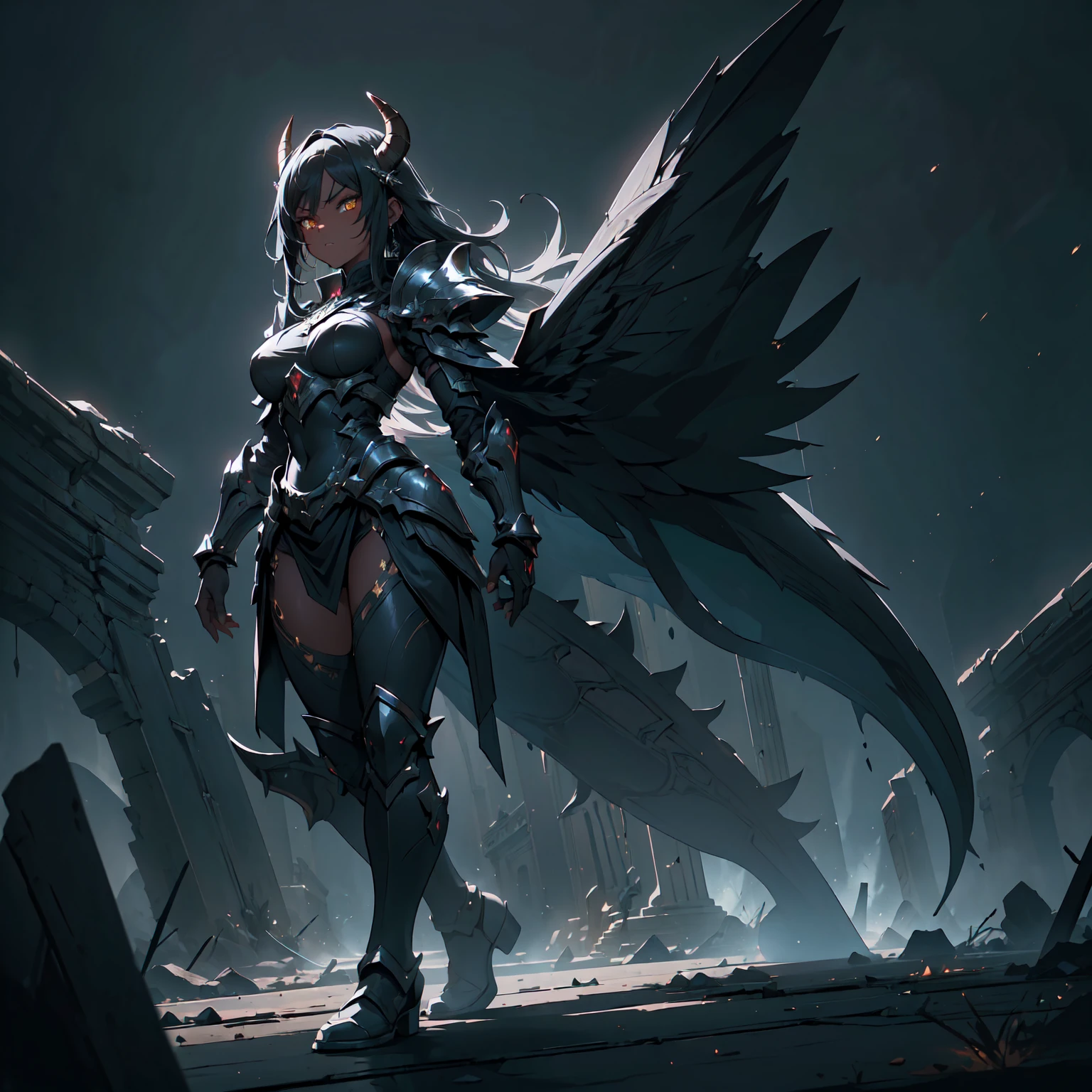Cinematic effects, fire and brimstone, black and red demon armor, strong luster of armor, murderous armor style, with devil ornaments, exaggerated devil horns, spikes, and its complex armor, exaggerated huge devil wings, visual impact, holding a square halberd, battle posture display, busty, cleavage, panties, motion photography, distant Athena statue, demonic hoards, perfect details, 8K, top painting, scene magic, outdoor photography, concept art, epic composition, with HD details, metallic texture and tension composition, hyper-realistic, ultra-realistic, rich in detail, 3D. C4D,