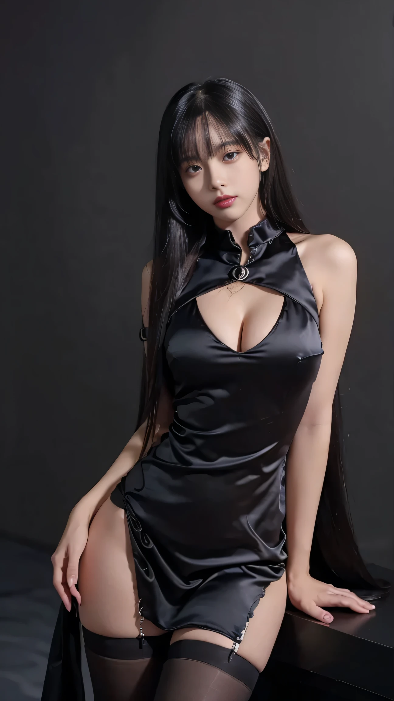 Vibrant studio portrait of a stunning female model standing confidently against a pure white backdrop. Soft studio lighting illuminates her radiant hair, emphasizing her bright sparkling gaze like diamonds. Her luscious black twin tails frame her breathtakingly large breasts adorned with glossy metallic accents in an over-the-top larger-than-life style. The vibrant pleated dress in shimmering winter hues swirls around her, drawing attention to the focal point: her resplendent oversized bust.