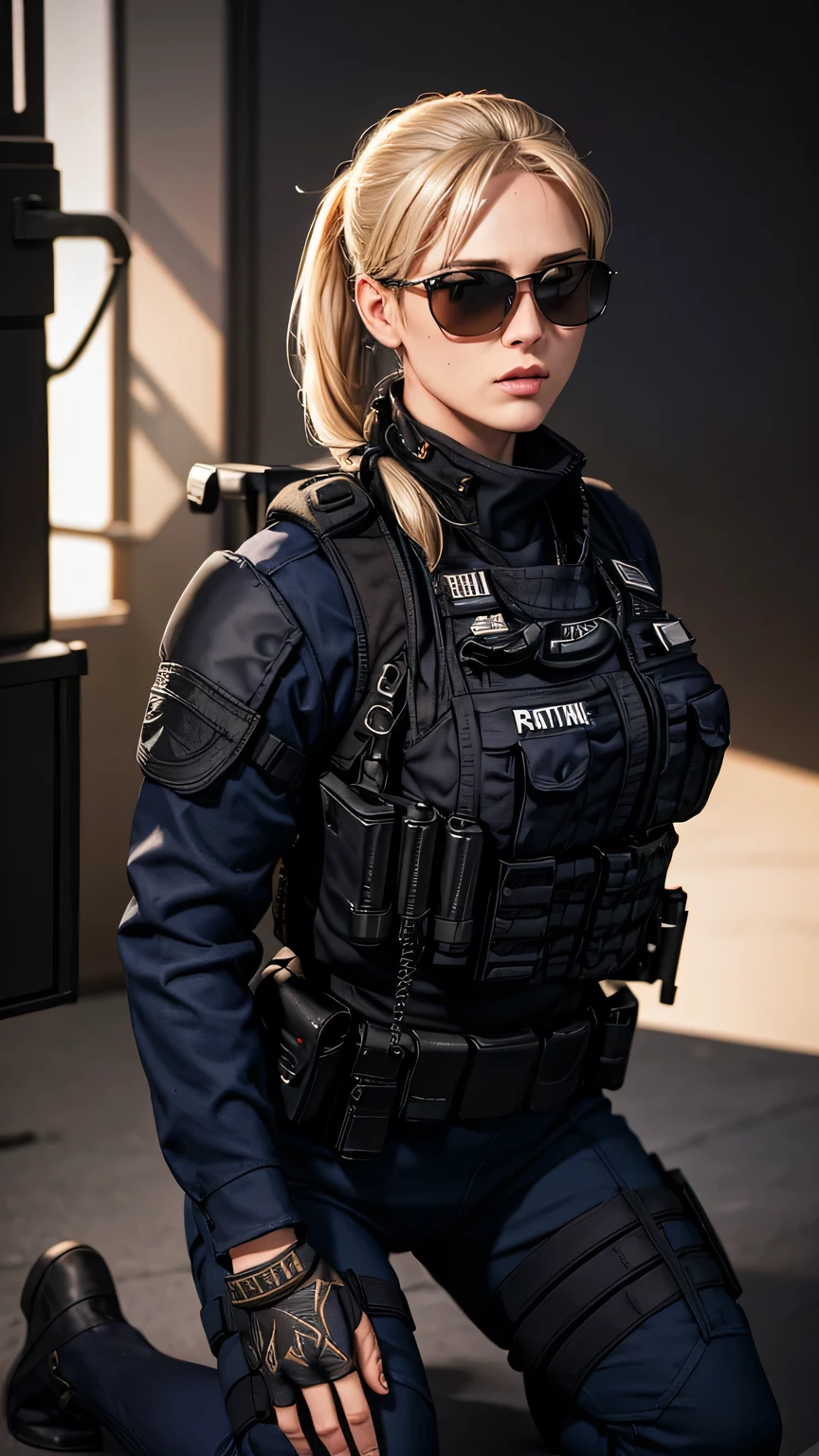 blonde pony tail hair, beautiful woman, pro lighting, photorealistic, Realistic face details, complicated details, 8k, ultra high details, dynamic camera angle, hips up, sunglasses, swat gear, armor vest, pistol, rifle, kneeling, 