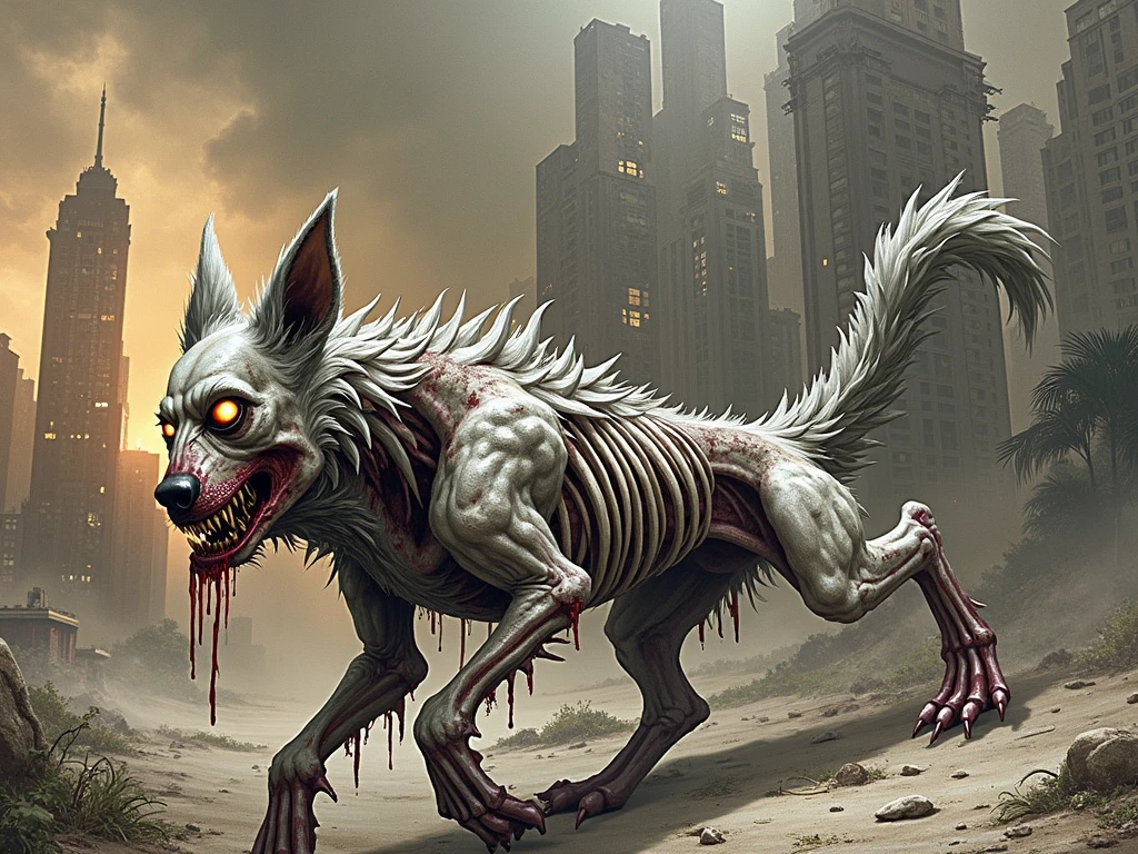 DREAD, <lora:WorldofUndead:1>, worldofundead, rotting, rotten flesh, Skeletal,, blood, gore, Massive Roaming Scaled Sleek Reptilian, Tripedal Hexamanual, Digitigrade Appendages,  Forked-Tailed, Transparent Skin, Elongated Ears,  , afternoon, volumetric lighting, , Horror,  <lora:more_details:1>